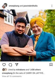 Smeep Kang and Jaswinder Bhalla on the sets of Carry On Jattiye