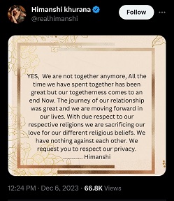 Himanshi khurana announces break up