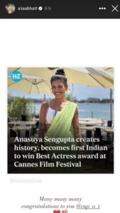 Alia posts for Anasuya Sengupta Sengupta’s win