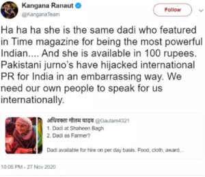 Kangana Ranaut targeting farmers