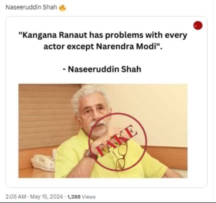 Post of Naseeruddin condemning Kangana Ranaut fake